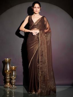 Janasya - Women Brown Silk Blend Embellished Stone Work Ready To Wear Saree with Unstitched Blouse