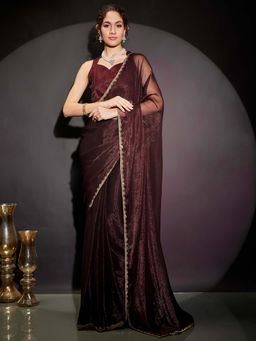 Janasya - Women Burgundy Silk Blend Embellished Stone Work Ready To Wear Saree with Unstitched Blouse
