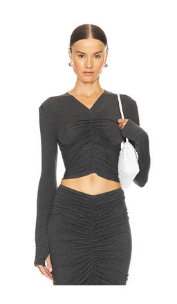 Norma Kamali - Long Sleeve V Neck Shirred Front Top