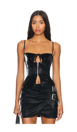 Weworewhat - Faux Patent Leather Peplum Corset Top