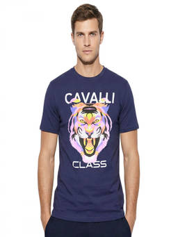 Cavalli Class - Blue Crewneck Printed Logo T-Shirt