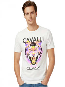Cavalli Class - White Crewneck Printed Logo T-Shirt