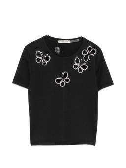 Alice + Olivia - Black Embellished Round Neck T-Shirt