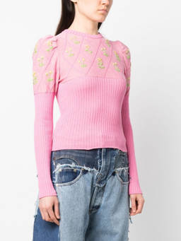 Cormio - Light Pink Embroidered Glitter-Cotton T-Shirt (L)