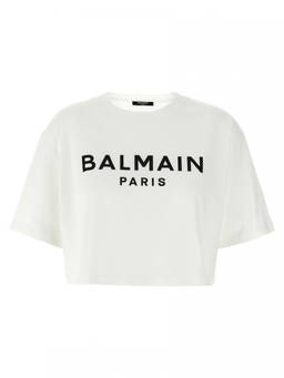 BALMAIN - White Logo Cropped Cotton T-Shirt