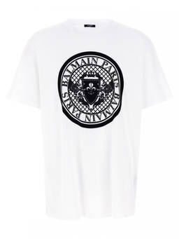 BALMAIN - White Velvet Logo T-Shirt (S)