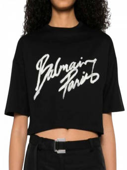 BALMAIN - Black Round Neck Logo Detail Crop T-Shirt