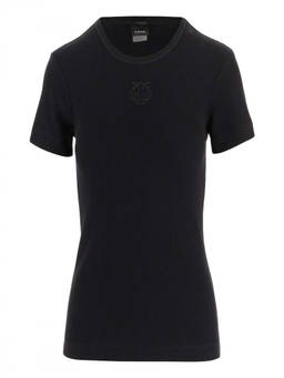 Pinko - Black Round Neck Ribbed Logo T-Shirt (XS)