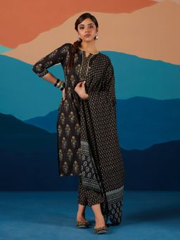 Likha - Black Lurex Jaipuri Buta Printed Kurta with Dupatta LIKSKD189 (Set of 3)