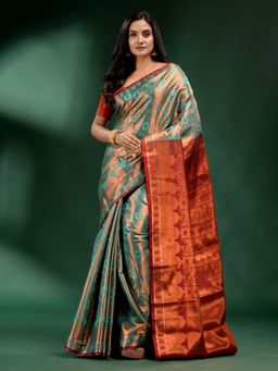 CHARUKRITI - Green Pure Silk Handwoven Soft Saree with Unstitched Blouse