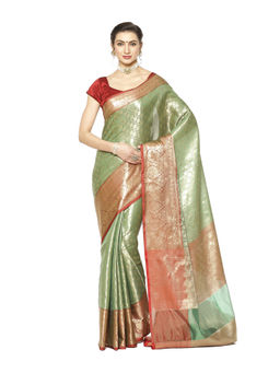 Banarasi Silk Works - Green Kanchi Silk Pattu Border Saree with Unstitched Blouse