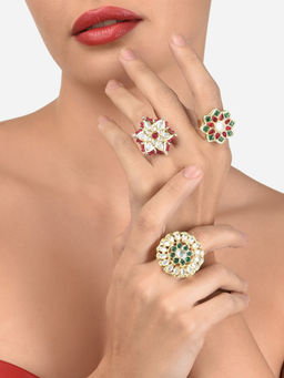 Zaveri Pearls - Set of 3 Multicolor Kundan Flower Ethnic Adjustable Finger Rings-ZPFK12756