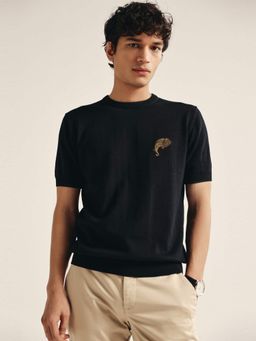 Andamen - Black Men's Cotton Embroidered Crew Neck T-Shirt