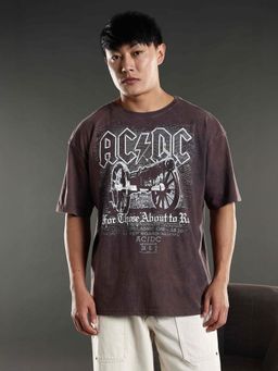Eszett - Grey Men's Printed Acdc Canon Washed Oversized T-Shirt