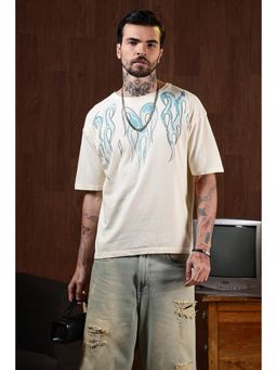 Eszett - Men's Printed Flames Cream Oversized T-Shirt