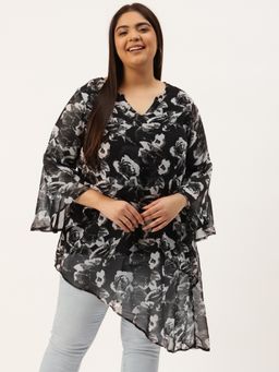 theRebelinme - Womens Black andGrey Floral Print Longline Asymmetric Georgette Top