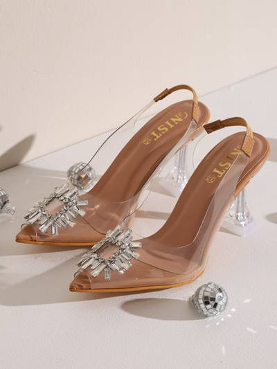 Beige Rhinestone Embellished Stilettos