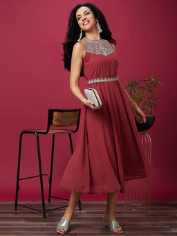 Globus - Women Red Embroidered Halter Neck Sleeveless A-Line Dress with Belt (Set of 2)