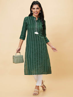 Globus - Women Green Mandarin Collar Straight Kurta
