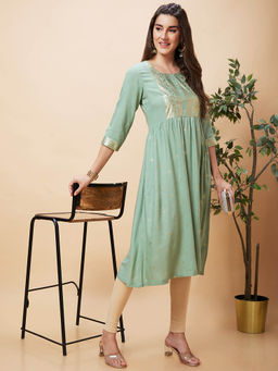 Globus - Women Green Ethnic Motifs Gold Print Round Neck A-Line Kurta