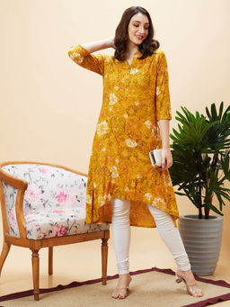 Globus - Women Yellow Floral Print Mandarin Collar A-Line Kurta
