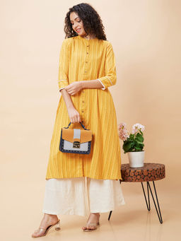 Globus - Women Yellow Striped Mandarin Collar Yarn Dyed Casual A-Line Kurta