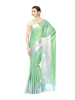 Banarasi Silk Works - Green Resham Zari Pattu Border Art Saree with Unstitched Blouse