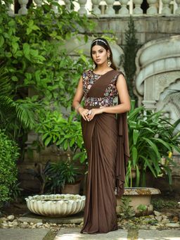 Odette - Brown Lycra Designer Saree with Unstitched Blouse