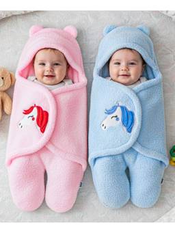 Zoe - Hooded Super Soft Wearable Blanket Cum Wrapper Pack Of 2 -Pink & Blue (Pack of 2)