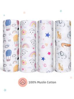 Zoe - Cotton Muslin Multipurpose Swaddle Wrap Pack Of 4 Hot Air Balloon Print (Pack of 4)