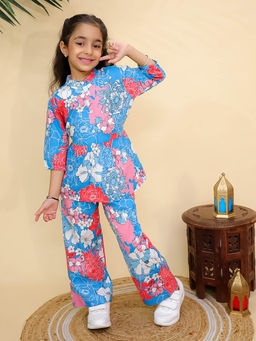 Misbis - Girls Floral Printed Co-Ord Set Blue