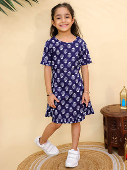 Misbis - Girls Floral Printed Dress Navy Blue