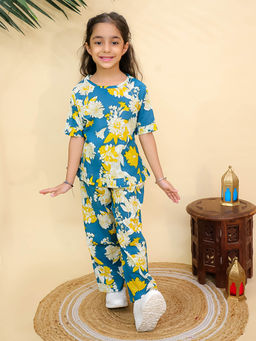 Misbis - Girls Floral Printed Co-Ord Set Blue