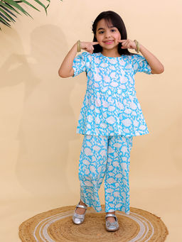 Misbis - Girls Floral Printed Co-Ord Set Blue