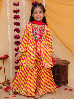 Misbis - Girls Leheriya Printed Kurta And Sharara With Dupatta Yellow
