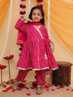 Misbis - Girls Bandhani Printed Kurta Pant Dupatta Pink