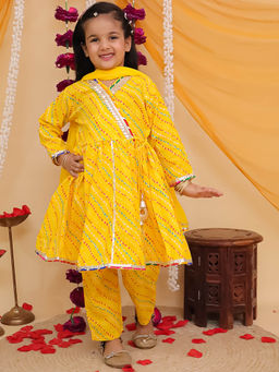 Misbis - Girls Bandhani Printed Kurta Pant Dupatta Yellow