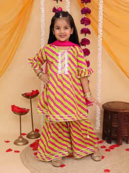 Misbis - Girls Leheriya Printed Kurta And Sharara With Dupatta Pink