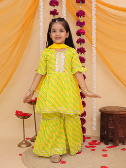 Misbis - Girls Leheriya Printed Kurta And Sharara With Dupatta Yellow