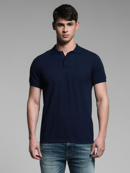 Jack & Jones - Navy Blue Slim Fit Textured Polo T-Shirt