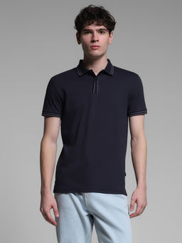 Jack & Jones - Navy Blue Solid Regular Fit Polo T-Shirt