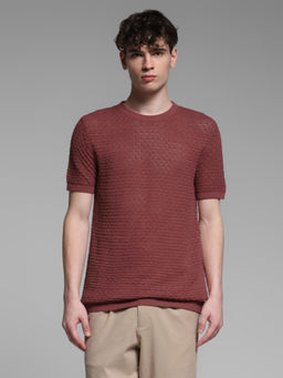 Jack & Jones - Maroon Self Design Regular Fit T-Shirt
