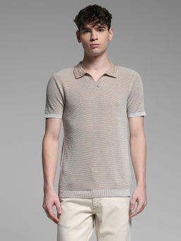 Jack & Jones - Beige Textured Regular Fit Polo T-Shirt