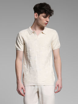Jack & Jones - Off White Self Design Regular Fit Polo T-Shirt