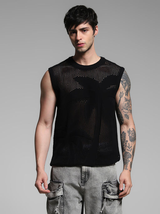 Jack & Jones Black Self Design Regular Fit T-Shirt