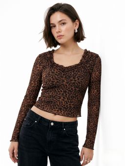 Outzidr - Brown Animal-Printed Sweetheart Neckline Mesh Top