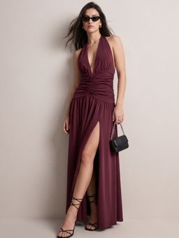 Outzidr - Burgundy Halter Neck Slit Dress