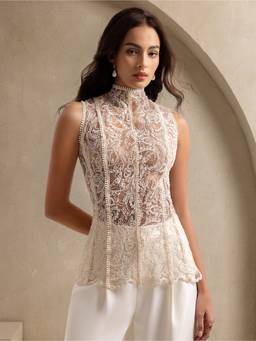 Outzidr - Women Off White Lace Mock Neck Top