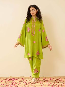 Rustorange - Bougainvillea Festive Embroidered Shantoon Green Co-Ord Set