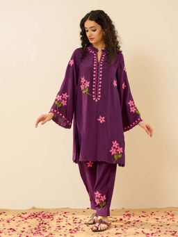 Rustorange - Bougainvillea Festive Embroidered Shantoon Violet Co-Ord Set